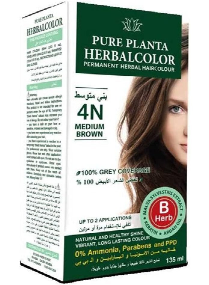 Permanent Herbal Hair Colour 4N Medium Brown 135ml